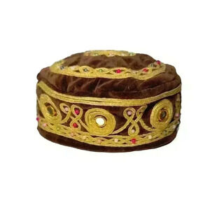 Vintage Velvet Tribal Kazakh Uzbek‎ Islamic Ethnic Old Hand Embroidered Kufi 8”